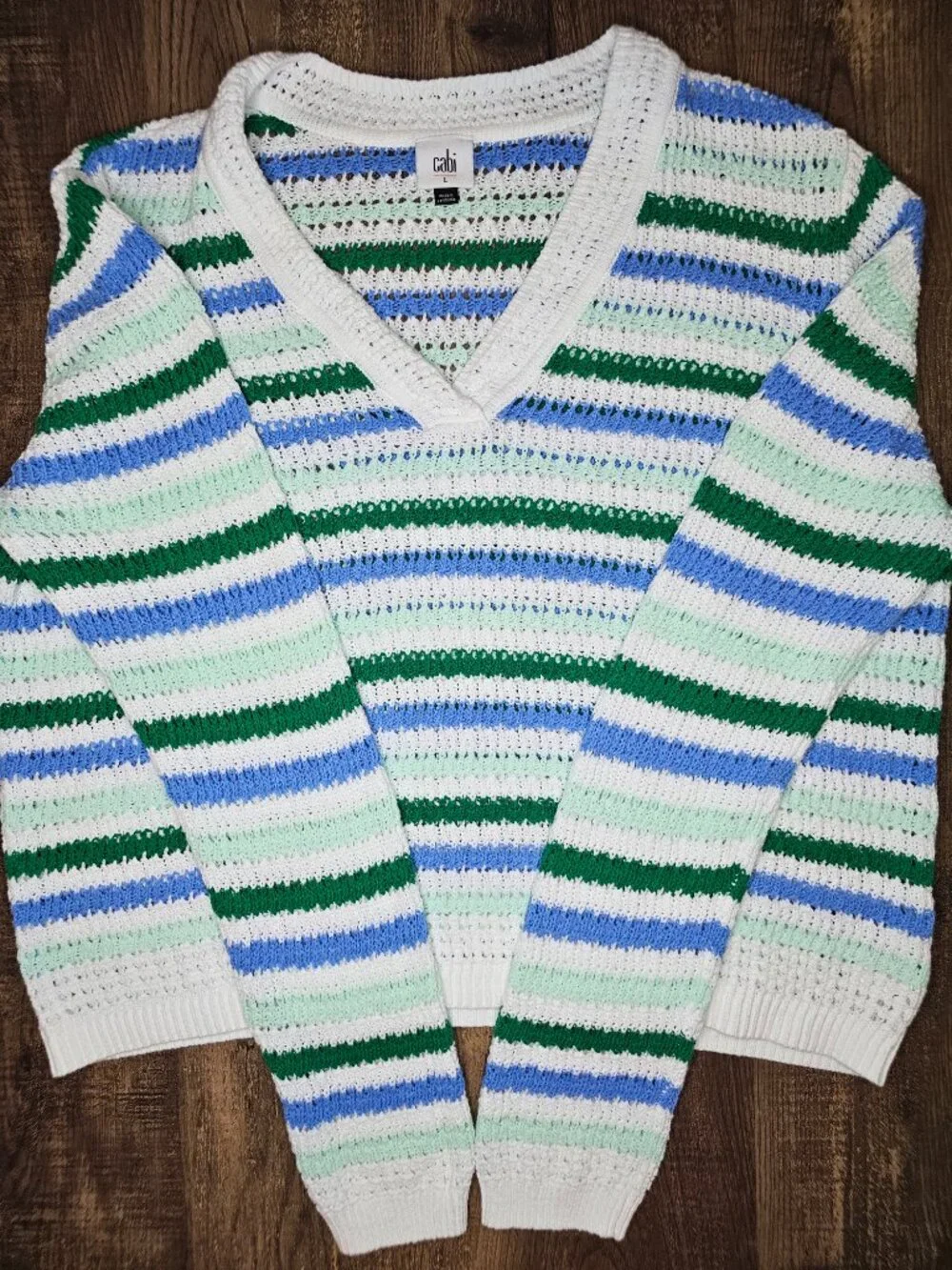 CAbi 6771 Serena Cotton Knit V-Neck Long Sleeve Pullover Sweater L Striped - Picture 5 of 8